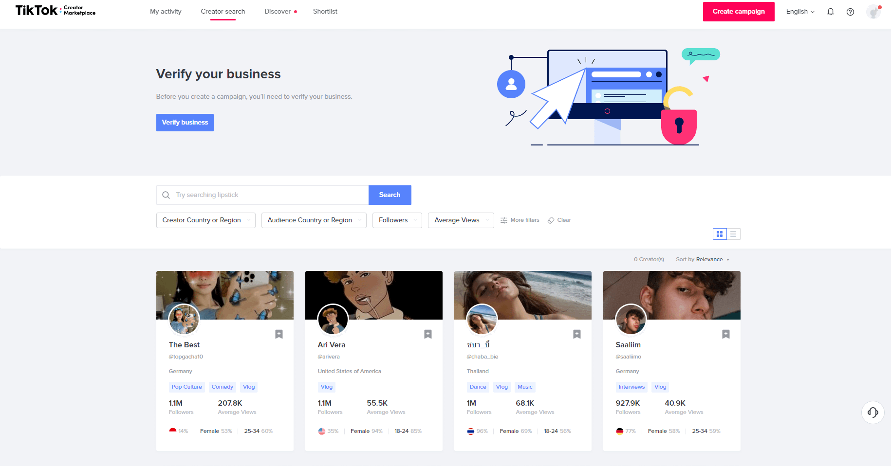Influencers on TikTok Creators Marketplace Screenshot