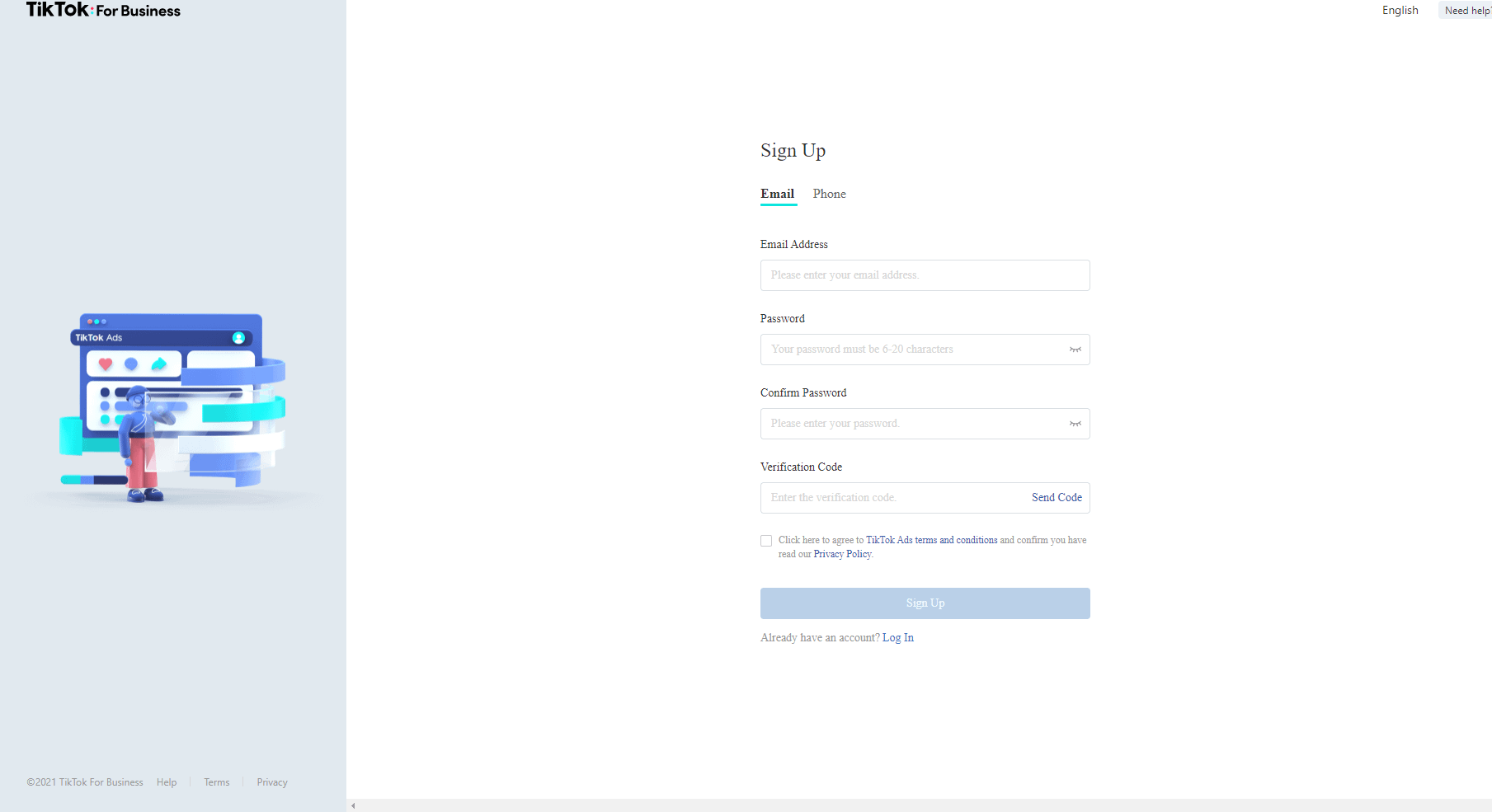 TikTok For Business Signup Page Screenshot