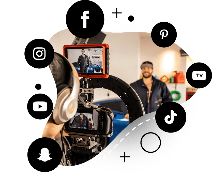 Social media icons surrounding an image of a man on set of an advertisement.